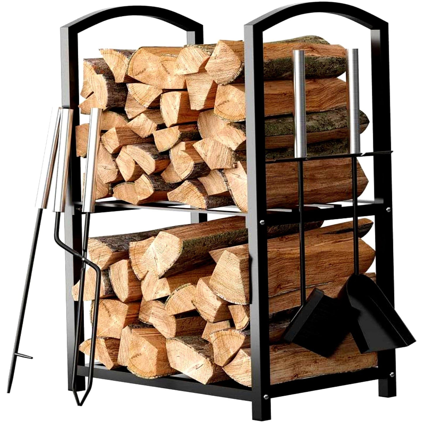 Firewood Rack Outdoor Indoor - 2-Tier Firewood Holder With Fireplace Tools Set, Brush, Shovel, Poker, Tongs - Waterproof Steel Pipe Log